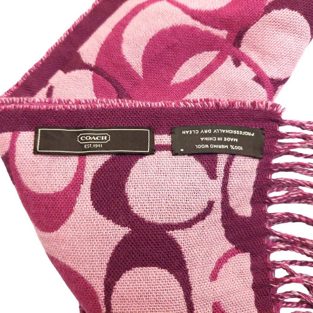 COACH Pink Multi-Color Monogram C Logo Merino Wool Pre-owned Fringed Scarf - Picture 14 of 16